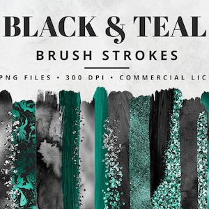 Teal and Black Brush Strokes Clipart, Paint Strokes, PNG, Gold Foil Brush Strokes, Watercolor Brush Strokes, Glitter, Confetti, Clip Art Set