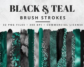 Teal and Black Brush Strokes Clipart, Paint Strokes, PNG, Gold Foil Brush Strokes, Watercolor Brush Strokes, Glitter, Confetti, Clip Art Set