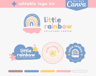 May include: A collection of logos with a rainbow theme. The logos include a rainbow, clouds, and stars in pastel colors. Text includes "Little Rainbow Childcare Center" and "Edit with Canva".