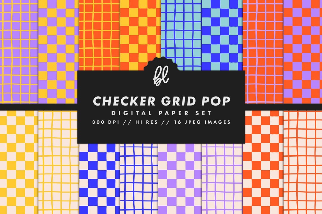 Colorful Checker Pattern Digital Paper Set, Grid Seamless Trendy ...