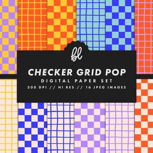 May include: A digital paper set featuring a variety of colorful checkerboard patterns in shades of orange, yellow, purple, and blue. The set includes 16 JPEG images with a resolution of 300 DPI. The text "CHECKER GRID POP" is displayed on a black background.