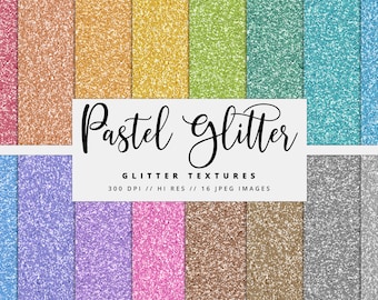 May include: Sixteen pastel glitter textures in shades like pink, orange, yellow, green, teal, blue, purple, brown, and silver. The image features the text "Pastel Glitter" and "Glitter Textures".