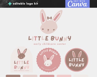 Puede incluir: Un kit de logotipo para una guardería llamada "Little Bunny". El logotipo presenta un conejito rosa con un lazo. Hay tres variaciones del logotipo: una con solo la cabeza del conejito, una con la cabeza del conejito en un círculo y una con solo las orejas del conejito en un círculo.