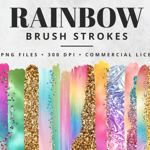 Rainbow Brush Strokes Clipart, Paint Strokes, PNG, Gold Foil Brush Strokes, Watercolor Brush Strokes, Glitter, Confetti, Clip Art, Pastel