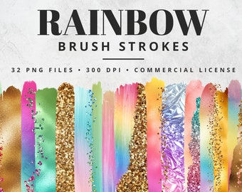 Rainbow Brush Strokes Clipart, Paint Strokes, PNG, Gold Foil Brush Strokes, Watercolor Brush Strokes, Glitter, Confetti, Clip Art, Pastel