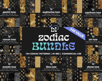 Zodiac Digital Paper Bundle, Galaxy Pattern Pack, Horoscope Scrapbook Paper, Constellation Background, Seamless Textures, Instant Download
