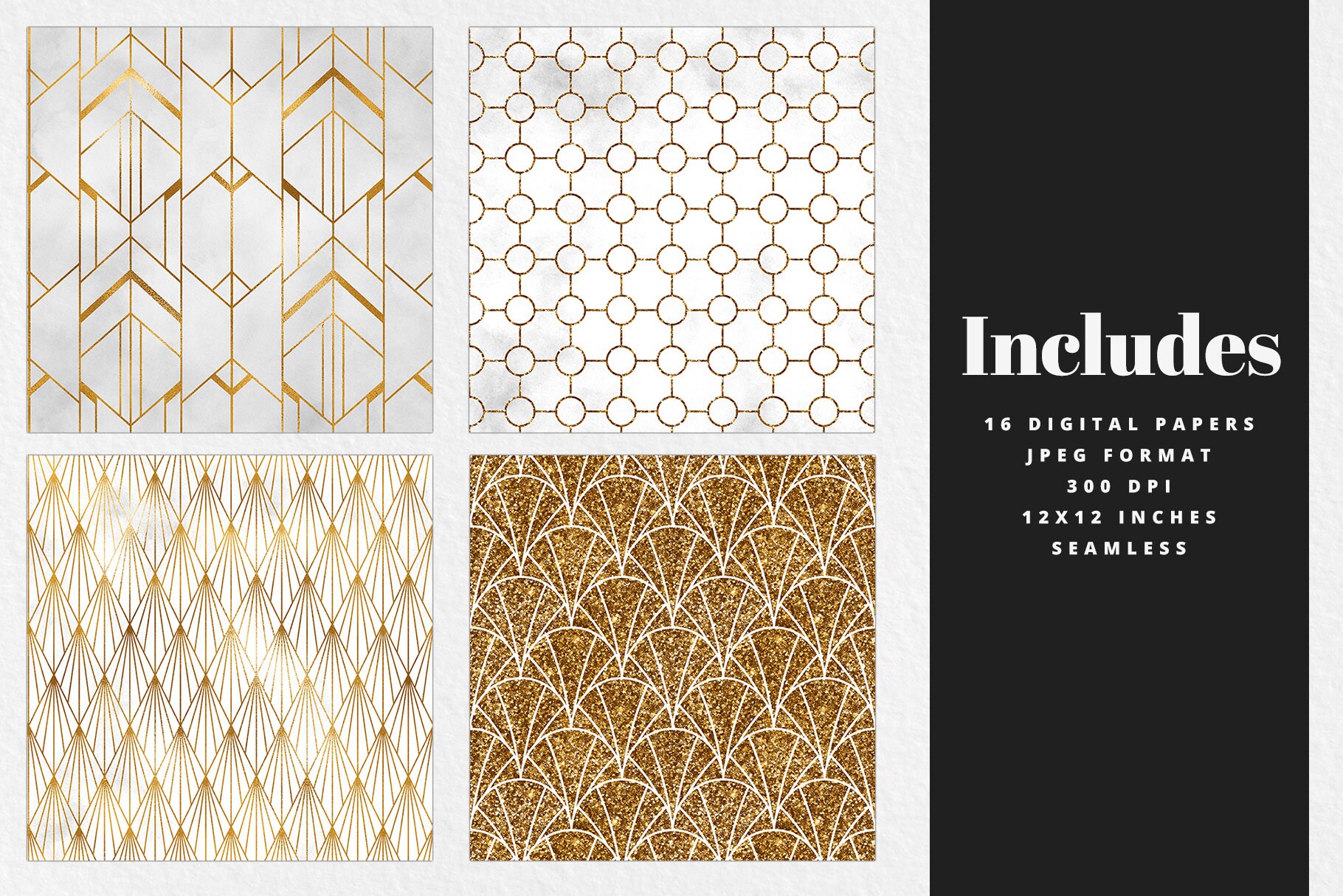 Art Deco Digital Paper White and Gold Deco Vintage Patterns - Etsy