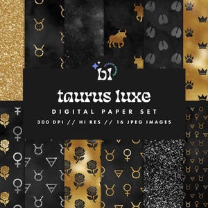 Zwart-goud Taurus digitaal papier, dierenriempatroon, horoscoop plakboekpapier, sterrenbeeld achtergrond, naadloze textuur, Instant Download