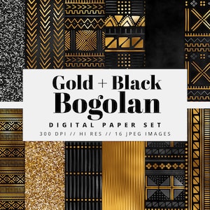 Carta digitale Bogolan nera e oro, motivi in tessuto di fango, texture africane, album di ritagli senza soluzione di continuità, download immediato