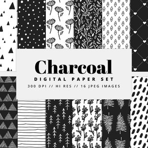 Charcoal Digital Paper, Printable Paper, Black and White, Patterns, Instant Download, Commercial Use