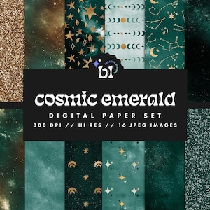 Emerald Galaxy digitaal papier, Green Celestial Pattern, Space Scrapbook Paper, Constellation-achtergronden, naadloze texturen, Instant Download