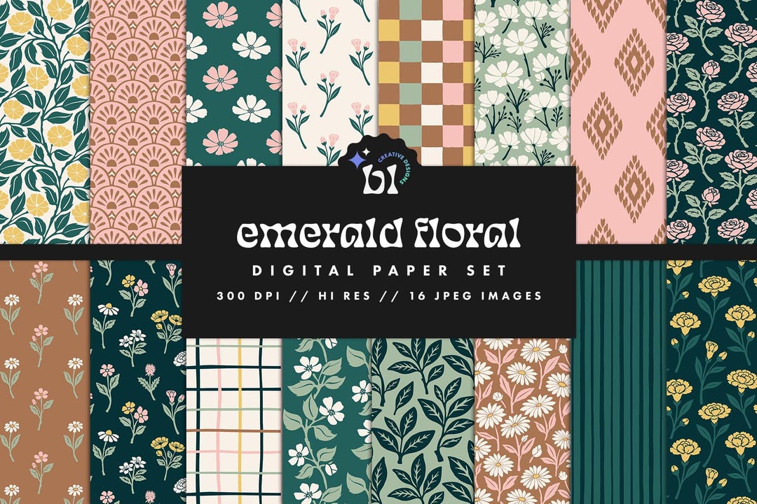 Emerald Floral Digital Paper Set, Seamless Textures, Boho Patterns ...