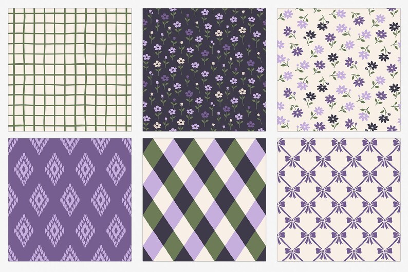 Green and Purple Floral Digital Paper Set, Spring Seamless Trendy ...