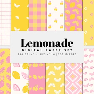 Ensemble de papier numérique citron, Textures transparentes, motifs estivaux, clipart limonade, arrière-plans de printemps, motifs roses, imprimable, usage commercial