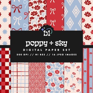 Papel digital floral de amapolas azules y rojas, texturas sin costuras, patrones bohemios, patrones de moda imprimibles (uso comercial)