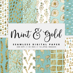 Mint & Gold Foil Digital Paper, Gold Foil Textures, Floral Digital Paper, Printable, Instant Download, Gold, Commercial Use