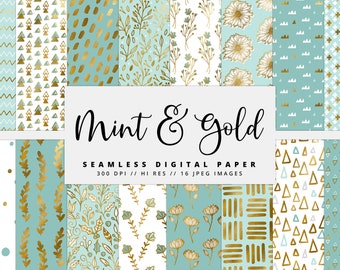 Mint & Goldfolie digitales Papier, Goldfolie Texturen, Floral digitales Papier, bedruckbar, Sofort Download, Gold, kommerzielle Nutzung