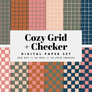 May include: A digital paper set with 16 high-resolution JPEG images featuring a variety of grid and checker patterns in warm colors like peach, brown, and teal.