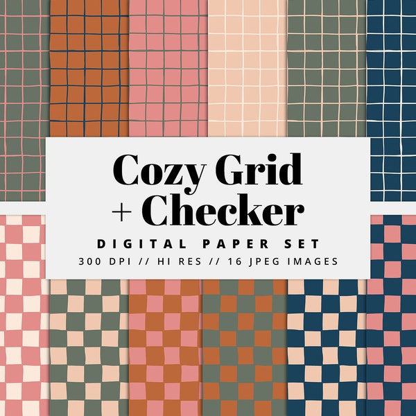 Cozy Grid and Checker Digital Paper Set, Seamless Textures, Grid Paper, Boho Backgrounds, Trendy Patterns, Printable, Commercial Use