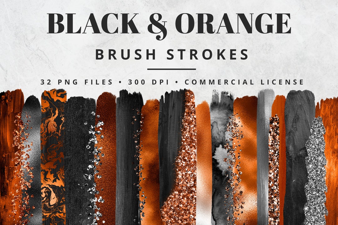 Orange and Black Brush Strokes Clipart, Paint Strokes, PNG, Gold Foil
