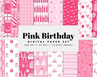 Peut inclure: Un pack de papier numérique avec 16 motifs sur le thème de l'anniversaire en rose et blanc. Les motifs comprennent des bougies, des cadeaux, des ballons, des gâteaux, des chapeaux de fête et des confettis. Le texte "Pink Birthday Digital Paper Set 300 DPI // HI RES // 16 JPEG IMAGES" est en bas de l'image.