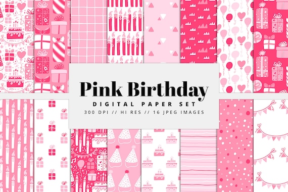 Pink Birthday Digital Paper Set, Seamless Textures, Birthday Party Patterns, Birthday Backgrounds, Printable, Commercial Use