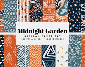 Blue Orange Digital Paper Set, Seamless Textures, Abstract Patterns, Floral Backgrounds, Trendy Patterns, Printable, Commercial Use