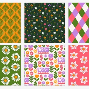 Green and Purple Floral Digital Paper Set, Botanical Seamless Trendy ...