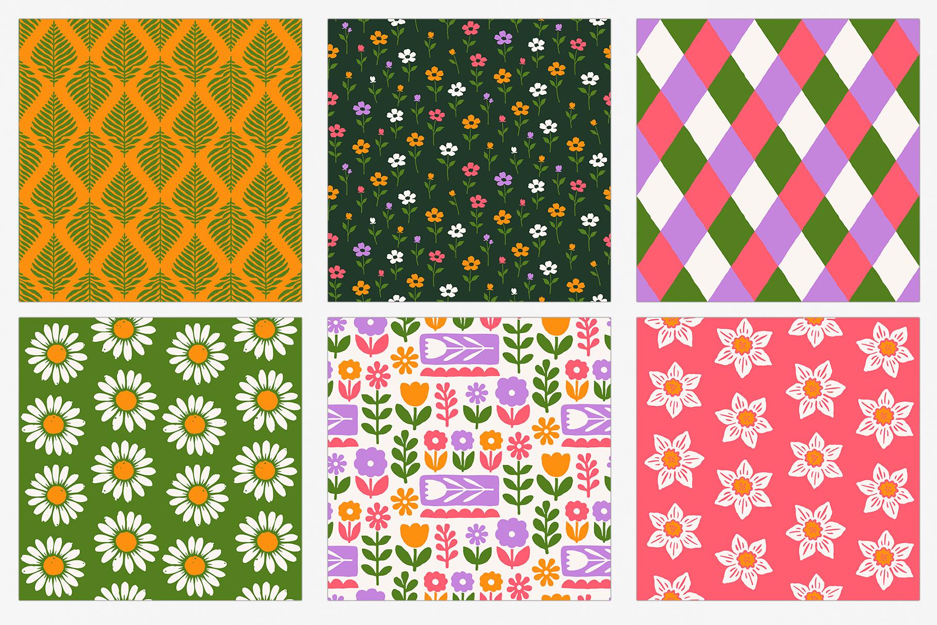 Green and Purple Floral Digital Paper Set, Botanical Seamless Trendy ...