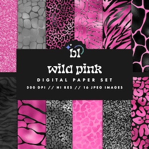Papier numérique noir et rose à imprimé animal, motifs animaliers, papier de scrapbooking Safari, arrière-plans tigre, textures transparentes, téléchargement immédiat