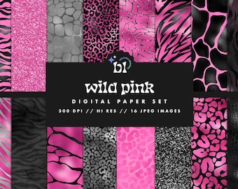 Papel digital con estampado animal en negro y rosa, estampados de animales, papel de scrapbooking de safari, fondos de tigre, texturas sin costuras, descarga instantánea