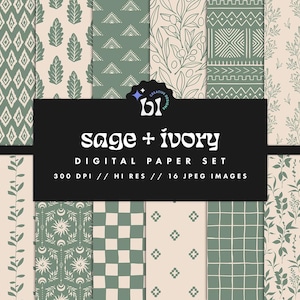 Sage and Ivory Digital Paper Set, Seamless Textures, Boho Patterns, Doodle Backgrounds, Trendy Patterns, Printable, Commercial Use