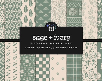 Set di carte digitali color salvia e avorio, texture senza soluzione di continuità, motivi boho, sfondi doodle, motivi di tendenza, stampabili, uso commerciale