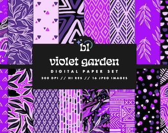Purple Floral Digital Paper Set, Seamless Textures, Abstract Patterns, Seamless Patterns, Hand Drawn Textures, Printable, Commercial Use