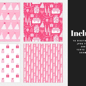 May include: Four digital paper designs featuring pink and white birthday party themed illustrations. The designs include party hats, candles, presents, and cakes. Includes 16 digital papers, JPEG format, 300 DPI, 12x12 inches, seamless.