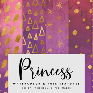 Princess Gold Foil Watercolor Digital Paper, Watercolor Textures, Watercolor Backgrounds, Printable, Instant Download, Gold, Commercial Use