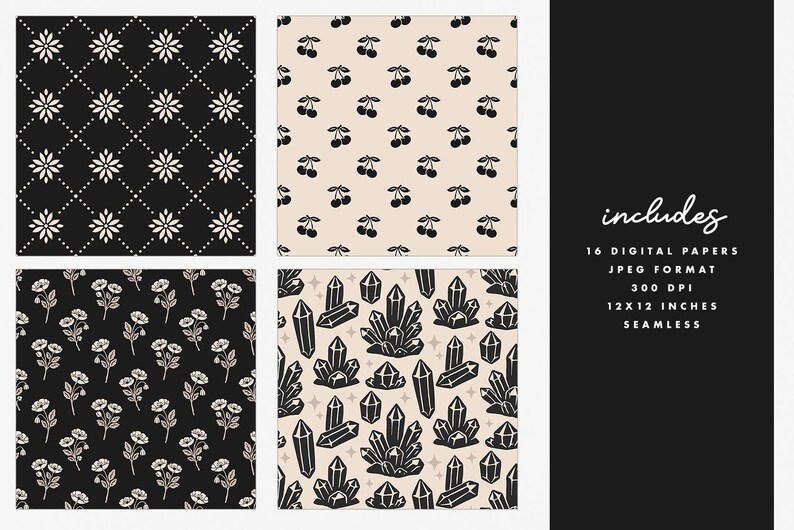 Black and White Floral Digital Paper Set, Onyx and Ivory Seamless ...