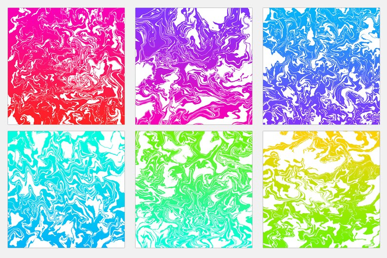 May include: Six abstract digital art prints with a white background and colorful swirling patterns. The colors are red, purple, blue, cyan, green, and yellow.