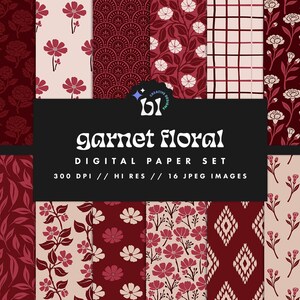 Könnte beinhalten: Ein digitales Papier-Set mit floralen Mustern in Granat und Creme. Die Designs umfassen Rosen, Gänseblümchen und andere botanische Motive. Der Text "garnet floral" wird zusammen mit Details zur Auflösung und Bildanzahl angezeigt.
