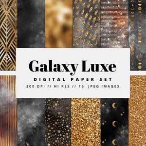 Black Galaxy Gold Foil Digital Paper, Seamless Textures, Digital Metallic Foil, Glam Texture, Stars, Space, Instant Download, Commercial Use