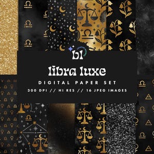 Black & Gold Weegschaal digitaal papier, sterrenbeeldpatroon, horoscoop plakboekpapier, sterrenbeeld achtergrond, naadloze textuur, Instant Download