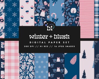Blue and Pink Christmas Digital Paper, Holiday Seamless Textures, Christmas Patterns, Snow Backgrounds, Printable, Commercial Use