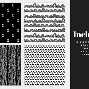 Pu&ograve; includere: Set di carte digitali con quattro motivi in bianco e nero: diamanti, archi, linee verticali e semicerchi. L'immagine include il testo "Includes 16 Digital Papers, JPEG Format, 300 DPI, 30.48 x 30.48 cm, Seamless."