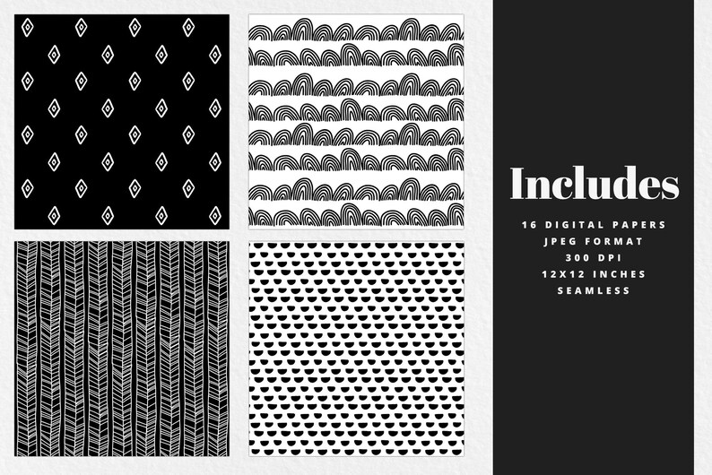 Pu&ograve; includere: Set di carte digitali con quattro motivi in bianco e nero: diamanti, archi, linee verticali e semicerchi. L'immagine include il testo "Includes 16 Digital Papers, JPEG Format, 300 DPI, 30.48 x 30.48 cm, Seamless."