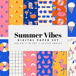 Summer Vibes Digital Paper Set, Seamless Textures, Summer Patterns, Beach Backgrounds, Pool Patterns, Printable, Commercial Use