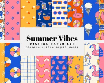 Summer Vibes Digital Paper Set, Seamless Textures, Summer Patterns, Beach Backgrounds, Pool Patterns, Printable, Commercial Use