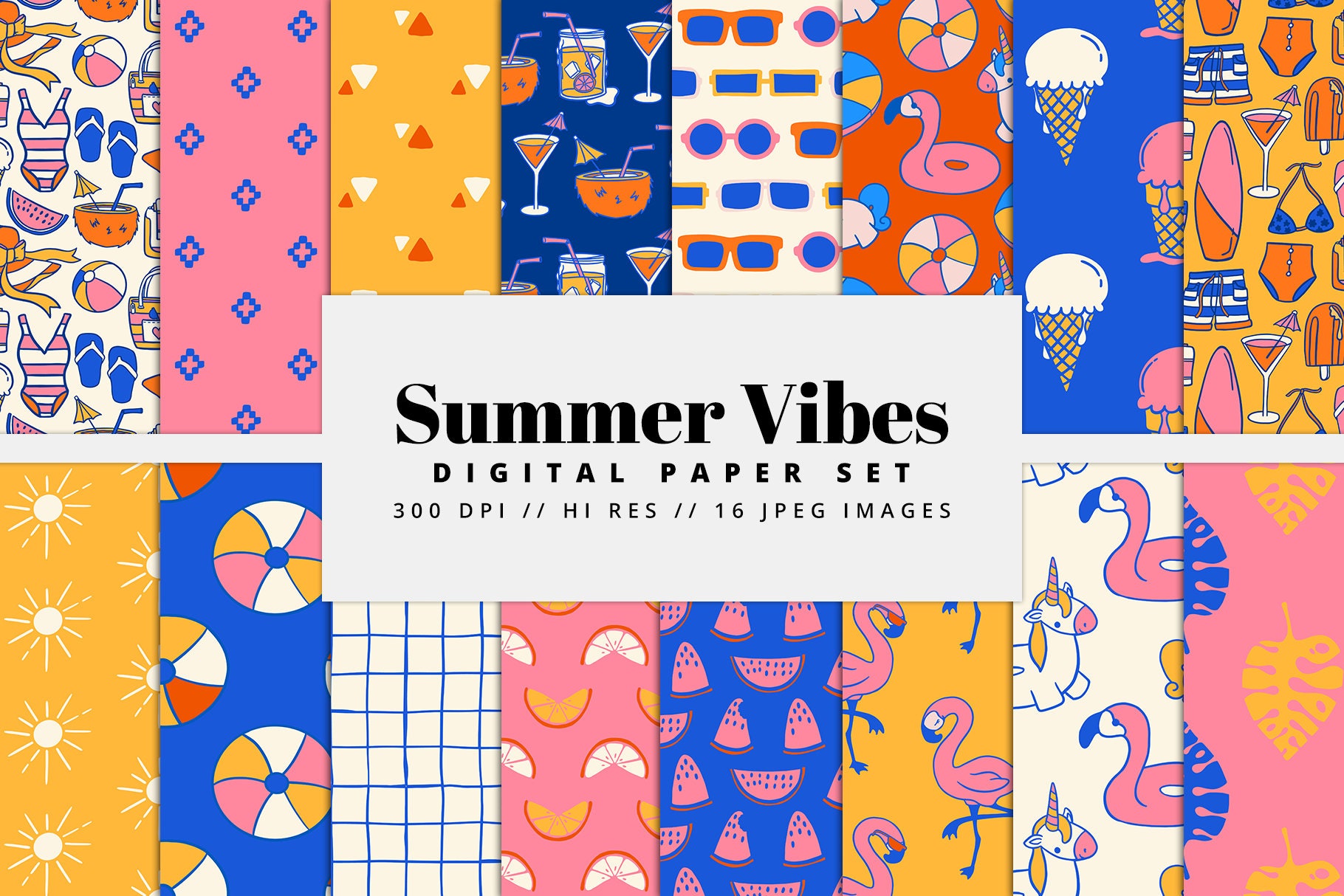 Summer Vibes Digital Paper Set Seamless Textures Summer Patterns 
