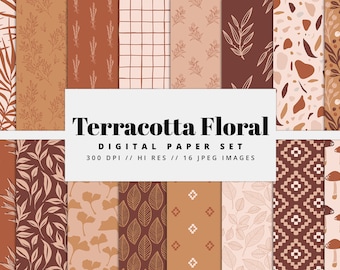 Terracotta Floral Digital Paper Set, Seamless Textures, Flower Patterns, Spring Backgrounds, Fall Patterns, Printable, Commercial Use