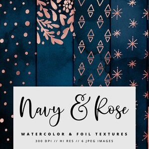 Navy and Rose Gold Foil Watercolor Digital Paper, Watercolor Textures, Watercolor Backgrounds, Printable, Rose Gold, Commercial Use