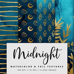 Midnight Gold Foil Watercolor Digital Paper, Watercolor Textures, Watercolor Backgrounds, Printable, Instant Download, Gold, Commercial Use